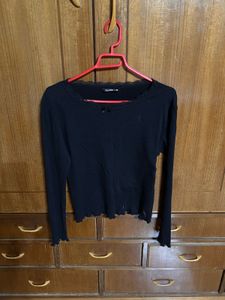 Chic Black Ribbed Long Sleeve Top