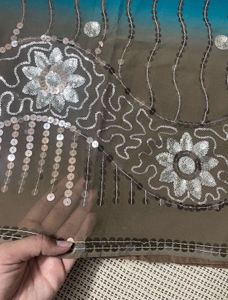 Elegant Embellished Saree - Teal and Brown