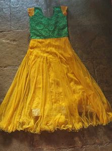 Yellow Net Gown with Green Floral Bodice