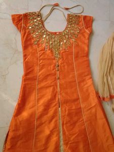 Orange Kurta Set with Mirror Work