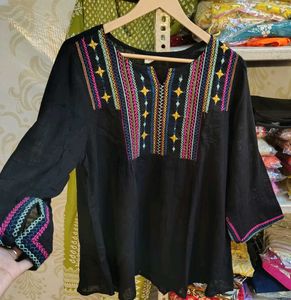 Embroidered Black Cotton short Kurti