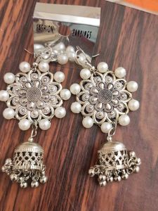Oxidized Silver Pearl Jhumka Earrings