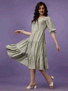 Elegant Sage Green Printed Midi Dress with Tiered
