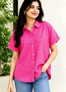 Vibrant Pink Short Sleeve Button-Up Shirt size-46