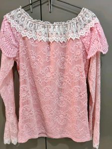 Pink Lace Top with Ruffle Neck