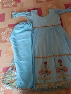 Sky Blue Embroidered Anarkali Suit Set