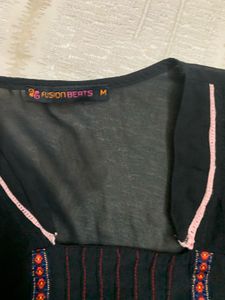 Black Embroidered Georgette Kurti Top | 3/4 Sleeve
