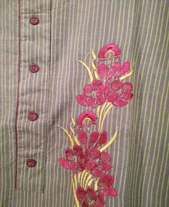 Olive Striped Kurta with Floral Embroidery