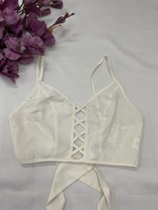 White Lace-Up Cami Top with Bow Back