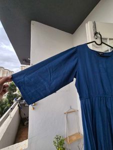 Elegant Blue Pleated Dress, With Belt