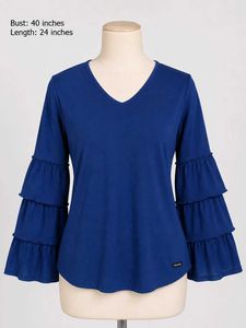 Blue Ruffle Sleeve V-Neck Top