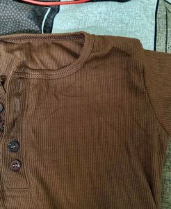 Brown Ribbed Long Sleeve Top