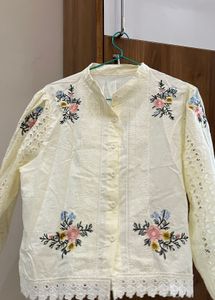 White Embroidered Cotton Top with Lace Detail