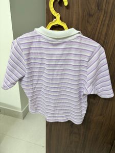 Purple Striped Cropped Polo Top