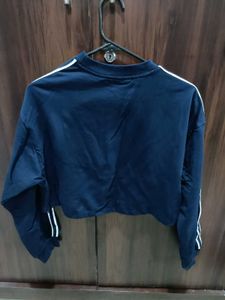Navy Blue Cropped Sweatshirt with Stripes