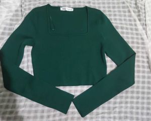 ZARA Green Square Neck Long Sleeve Top
