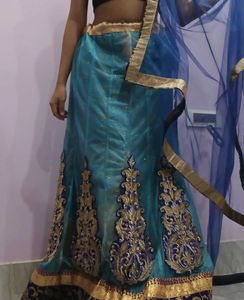 Turquoise blue Net Lehenga, Blouse, Dupatta Set