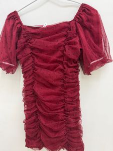 Maroon Polka Dot Mesh Ruched Dress