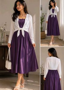 Purple Smocked Midi Dress + White Overlay Shirt
