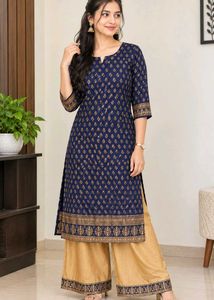 Elegant Navy Blue Kurta Set with Golden Print