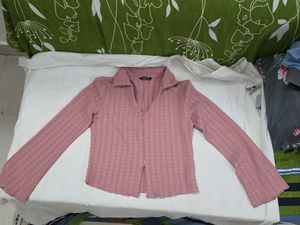 Zudio Dusty Pink Two-Way Zip Crinkle Cardigan Top