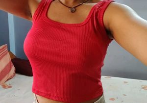 Ribbed Square Neck Red Tank Top