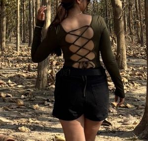 Olive backless full sleeves bodysuit medium size