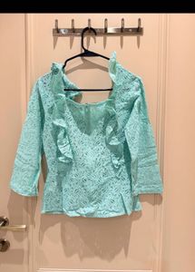 Aqua Blue Lace Ruffle Top