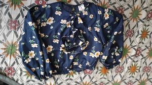 Navy Floral Print Top with Tie Detail