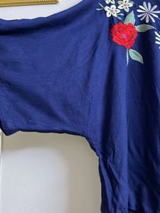 Embroidered Blue Round Neck Top
