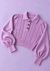 LILAC CABLE KNIT COLLARED SWEATER WITH PUFF SLEEVE