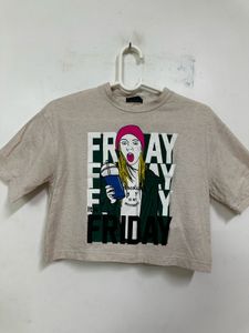 Beige Graphic Print Crop Top