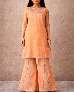 Elegant Peach Embroidered Kurta with Sharara Set