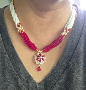 Red & White Beaded Necklace SS925 pendant