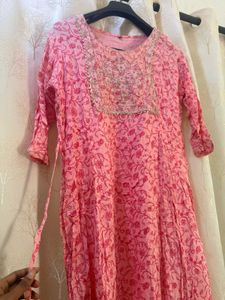 Pink Floral Kurta with Embellished Neckline