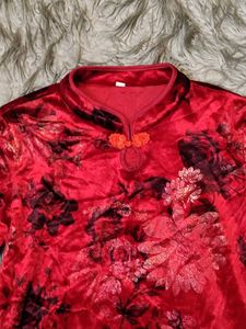 Red Chinese Floral Embroidered Velvet Qipao