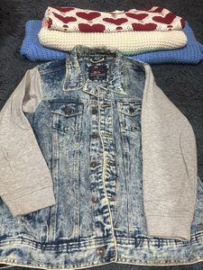 Denim Jacket with Knit Sleeves