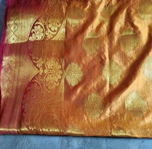 yellow &amp; red banarasi Saree with ready Blouse