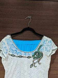 Designer White and Blue Kurta Set