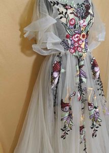 Embroidered Gown with Flutter Sleeves