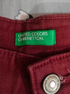 Benetton Maroon Wide-Leg Cropped Jeans