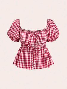 Chic Red Gingham Peplum Top