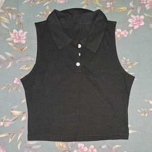 Sleeveless Black Polo Crop Top