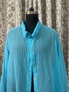 Sheer Blue Collared Button-Up Top