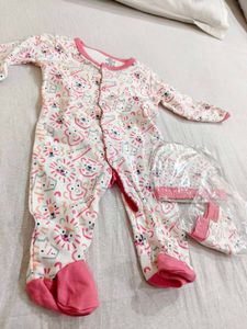 Cute Baby Girls Lion Print Sleepsuit &amp; Hat