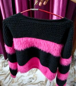 Striped Fur Trimmed Knit Sweater
