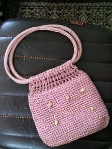 Pink Crochet Handbag with Flower Detail
