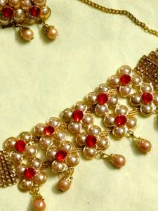 Elegant Pearl &amp; Red Stone Necklace Set