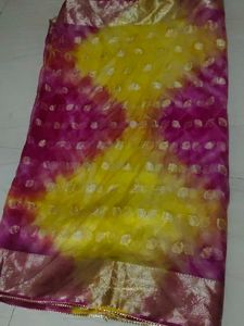 Organza Saree Yellow And  Rani Colour