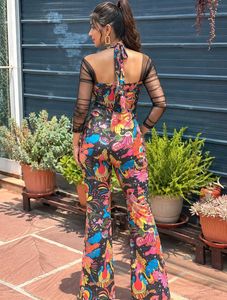 Abstract Floral Jumpsuit with Mesh Sleeves